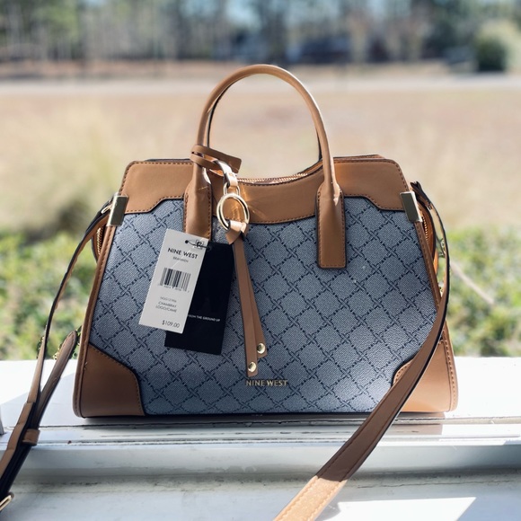 Nine West Handbags - Nine West Branwen Jet Set Satchel Chambray Logo/Camel 🆕🏷️